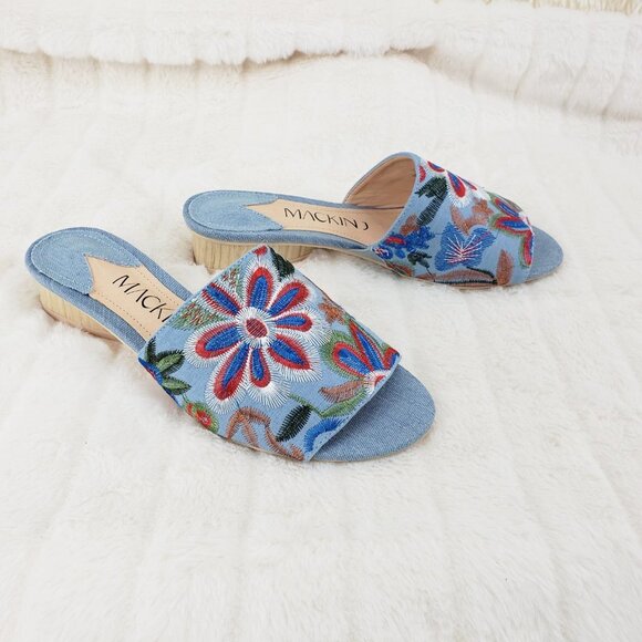 Flower Power Embroidered Denim slip on mule clogs Wood Wrap Heels 70's - Picture 7 of 10